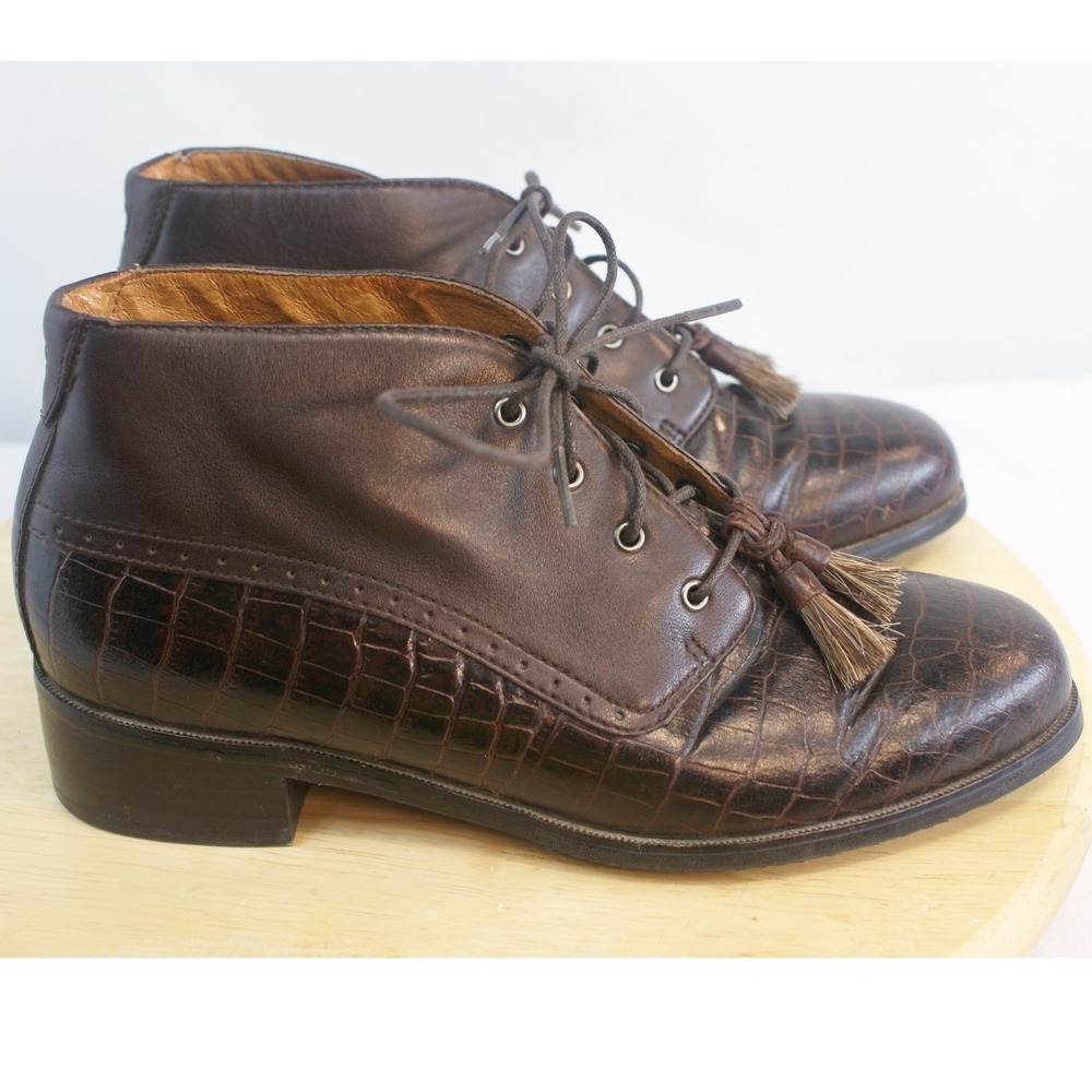 Ariat Brown Leather Croc Embossed Tassel Lace Up Ankle Boots Womens 6.5B